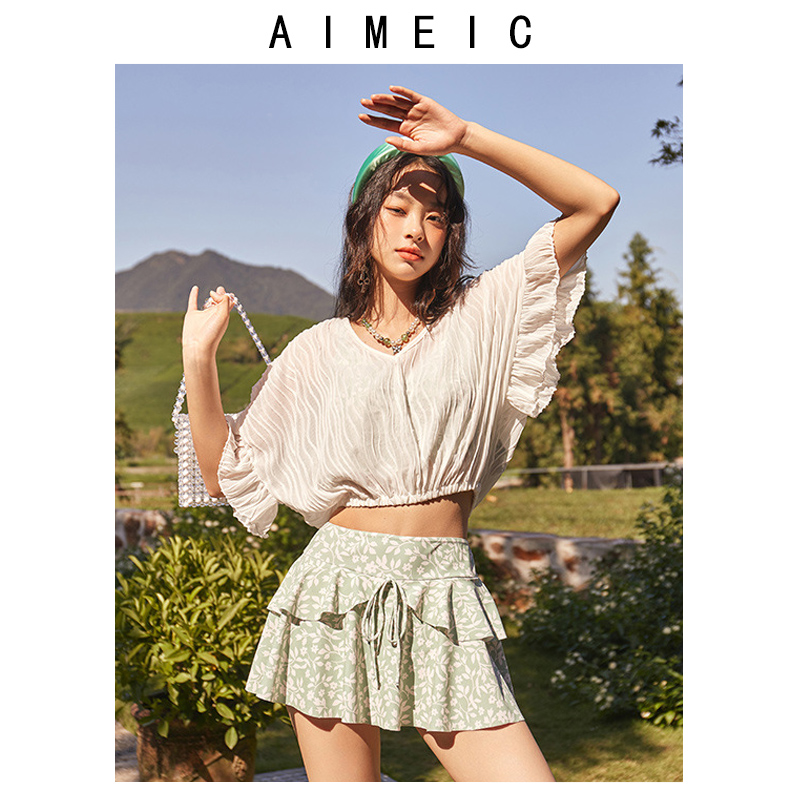 AIMEIC新款裙式分体泳衣保守遮肉短袖套头衫度假比基尼三件套泳装