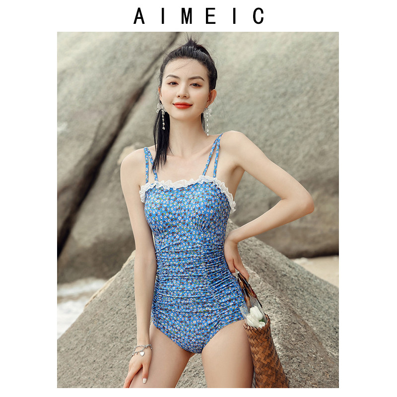 AIMEIC新款2026蕾丝边性感三角连体吊带碎花泳衣女露背印花泳装
