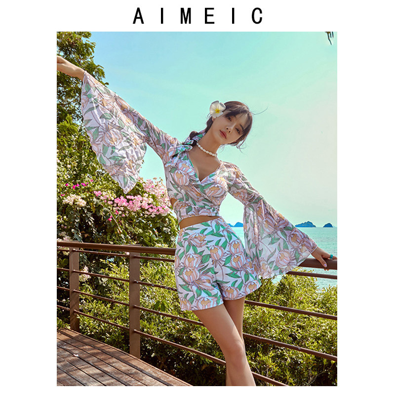 AIMEIC新款性感改良汉服短款大袖衫分体泳衣女温泉度假比基尼泳装