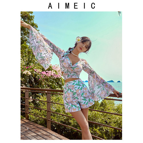 AIMEIC新款性感改良汉服短款大袖衫分体泳衣女温泉度假比基尼泳装