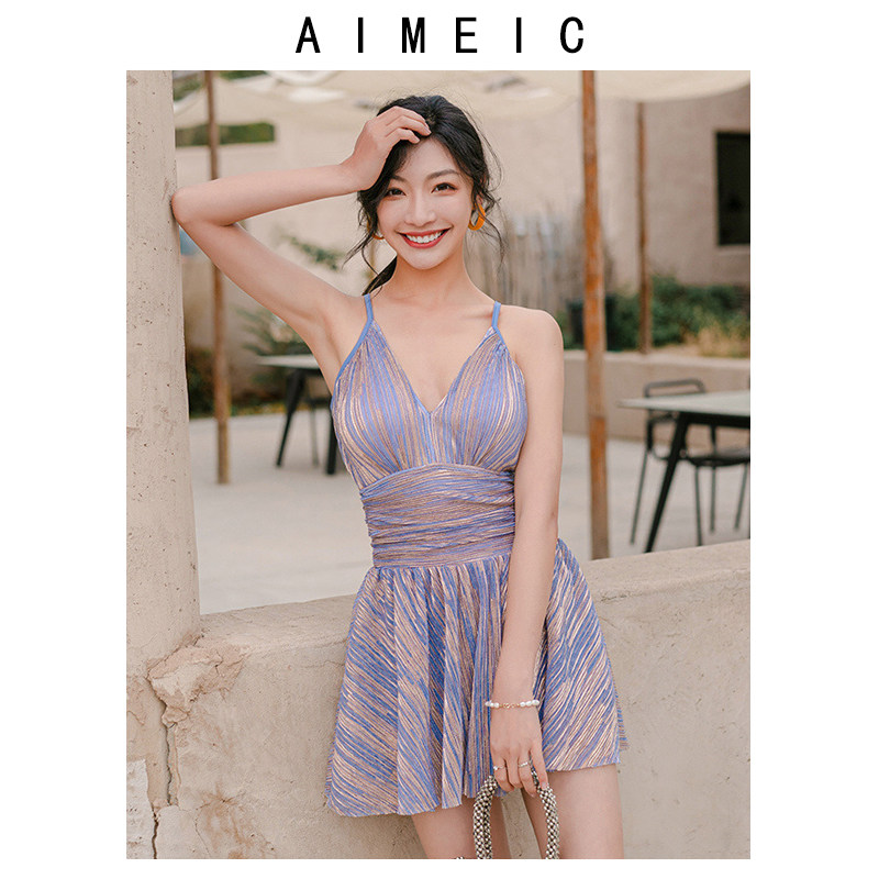 AIMEIC仙女范度假温泉细肩带裙式连体泳衣女超仙遮肚显瘦性感泳装