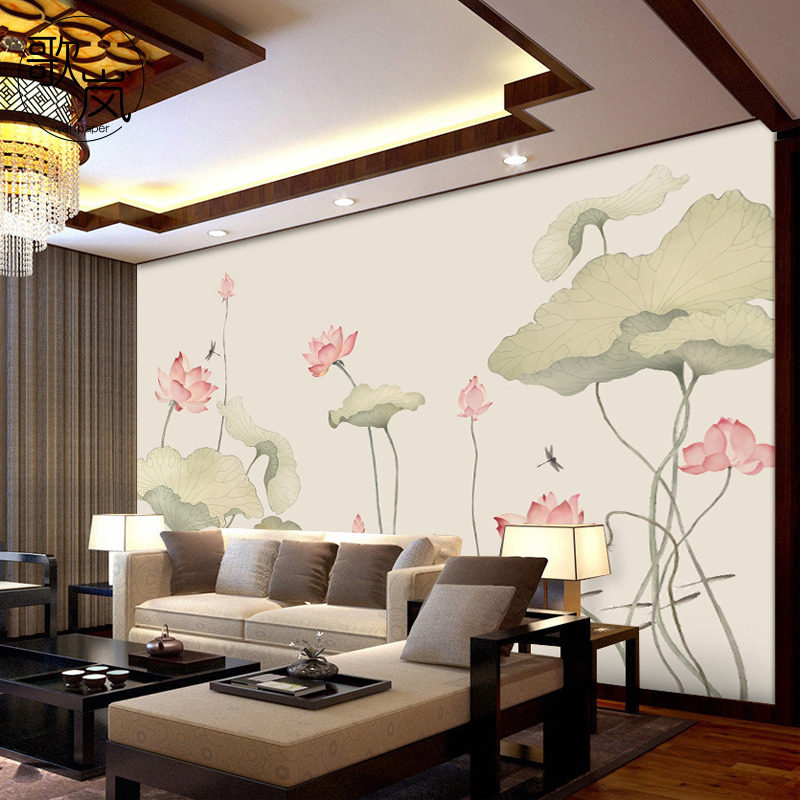 3d手绘新中式工笔荷花图5d电视背景墙壁纸壁画卧室墙纸墙布