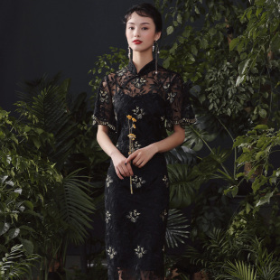 黑叶金线荷花绣花边袖 槿爷新款 旗袍中国风连衣裙小礼裙春秋 礼
