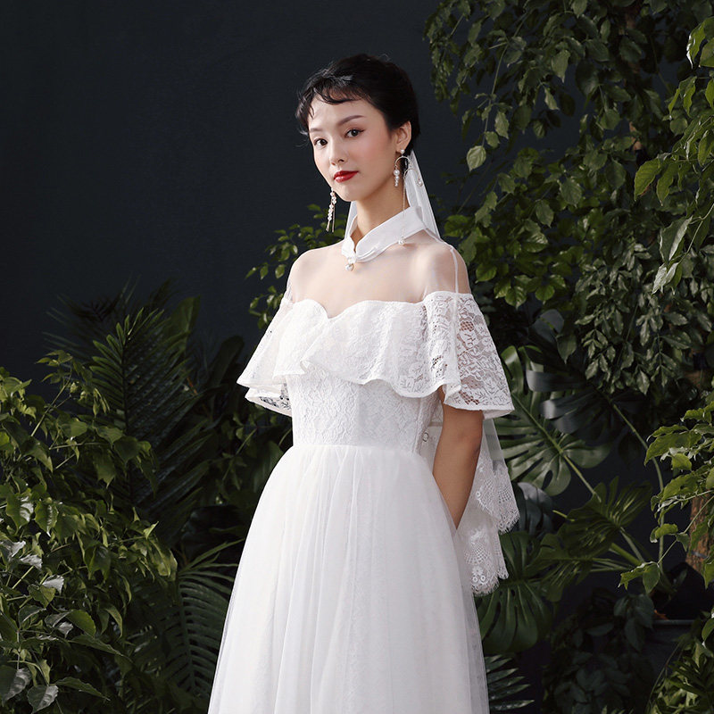槿爷新款白色婚纱礼服蕾丝荷叶边气质长款派对显瘦旗袍领连身裙