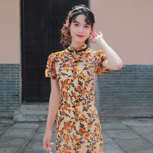 气质丝绒年轻少女改良旗袍连衣裙 槿爷金盏花橘2024春夏新款 礼