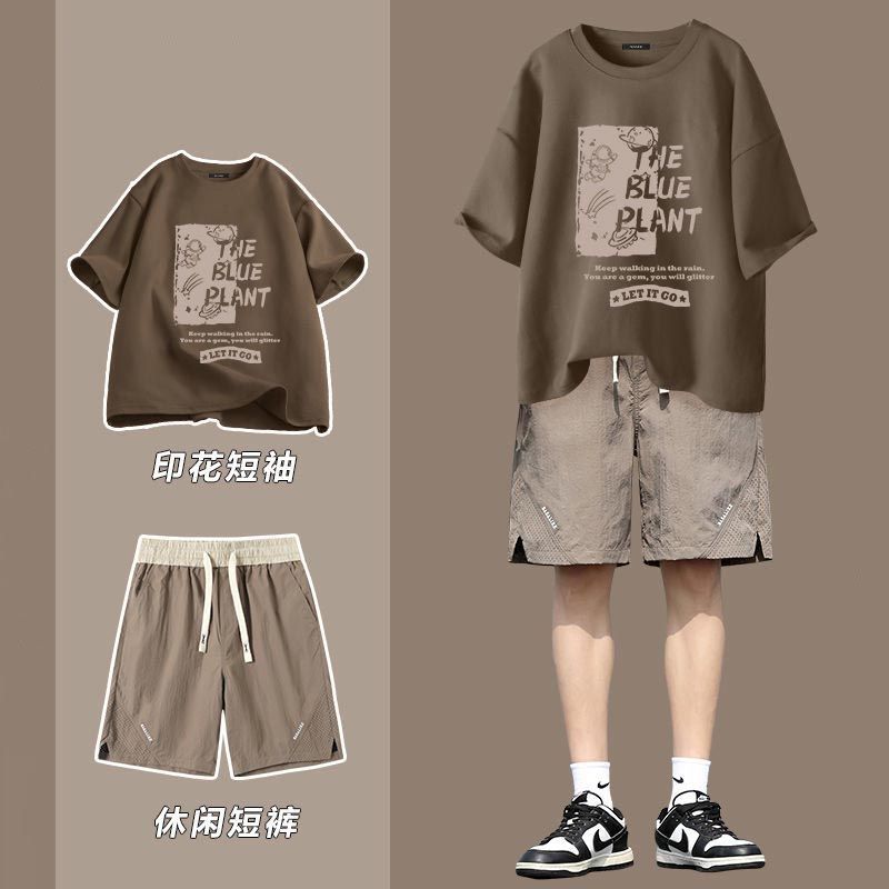 KONZEN青少年男装休闲运动套装港风2025新款潮夏季短袖t恤两件装