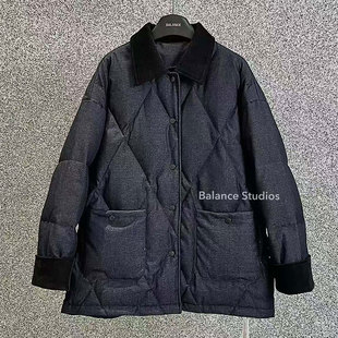 XIWA欧洲站新品南油高端菱格纹90白鸭绒中长款牛仔拼领袖羽绒外套