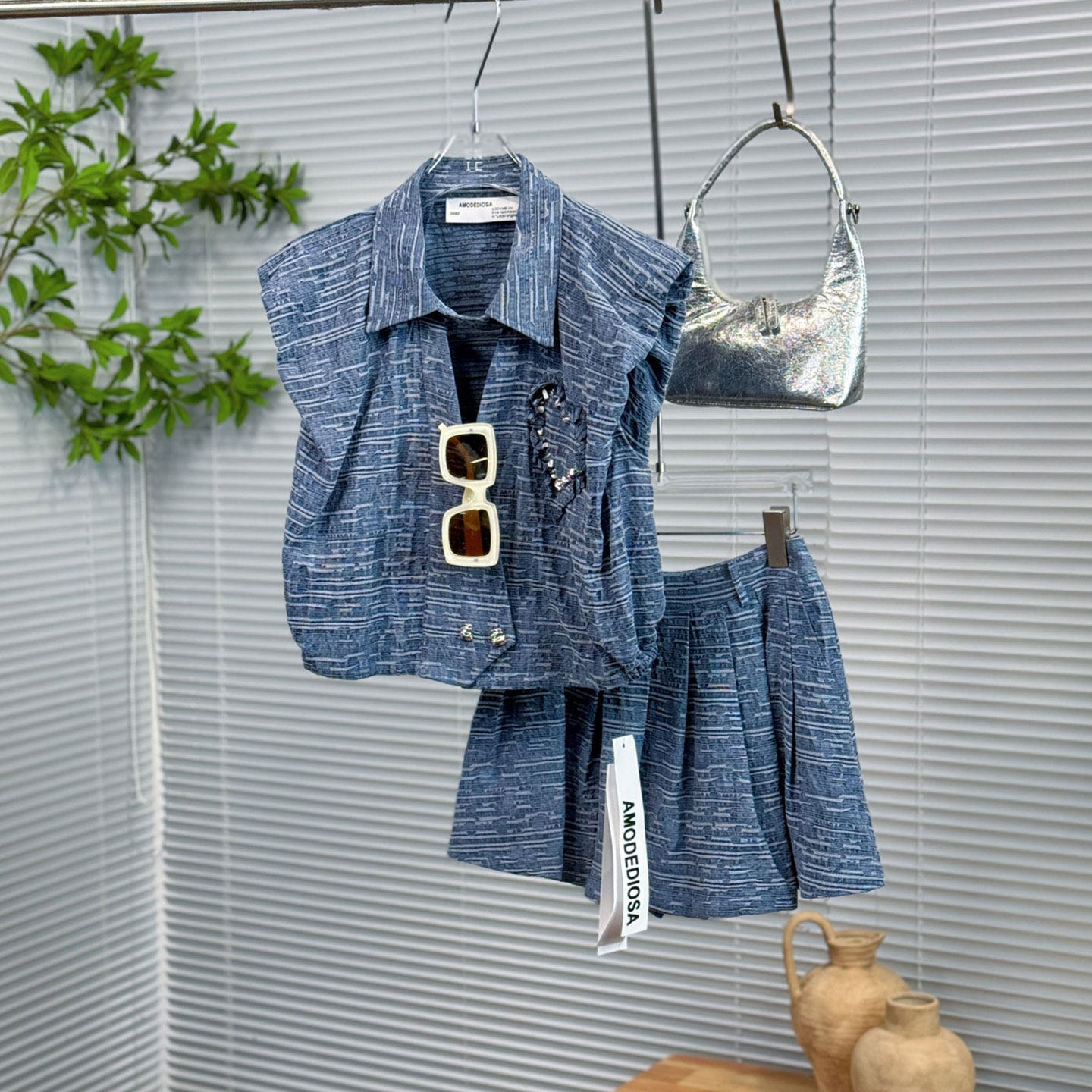 XIWA欧洲站新品深圳南油宽松马甲上衣肌理感时髦减龄半身裙套装女