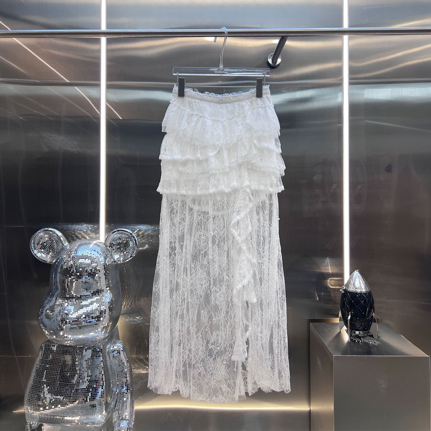 XIWA欧洲站新品辣妹性感蕾丝荷叶边蛋糕裙开叉修中长款百搭半身裙