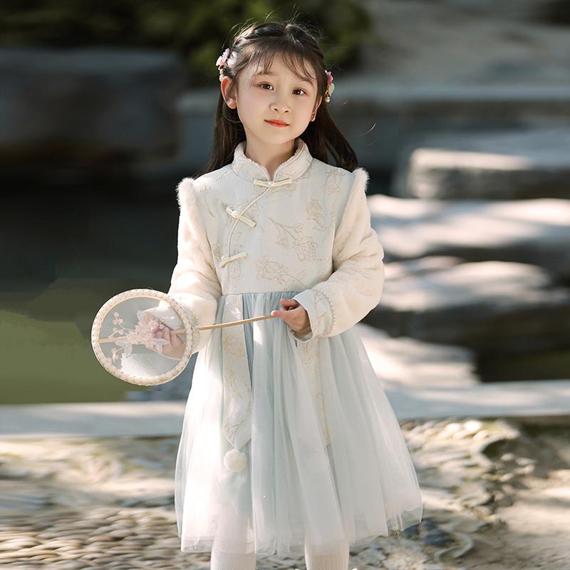 汉服女童冬季小女孩新年衣服长袖加绒保暖连衣裙甜美中大童拜年服