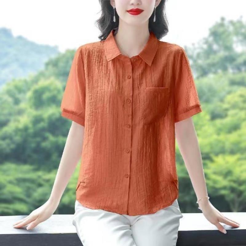 高端天丝衬衫女士装短袖夏季新款妈妈大码遮肚子棉麻衬衣时尚小衫