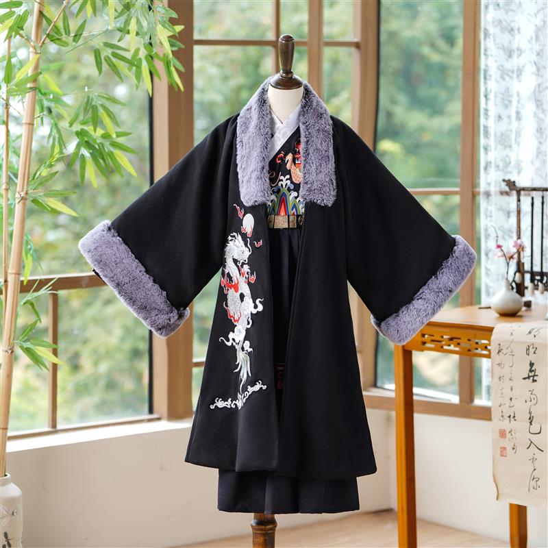 裘衣汉服男童冬季保暖加绒加厚披风斗篷亲子装古装中国风毛呢外套