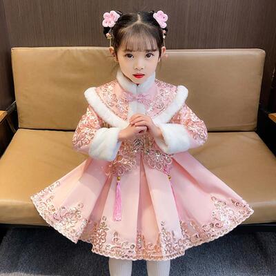 汉服女童冬季加绒宝宝拜年服2025过年喜庆新年唐装儿童旗袍冬裙子