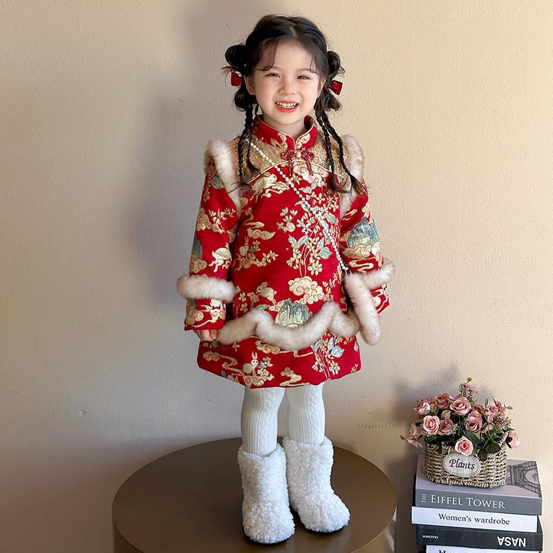 儿童冬季新款中国风汉服裙女童加绒加厚唐装旗袍拜年服新年公主裙