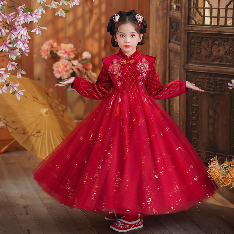 女童中国风汉服连衣裙儿童古装冬季加绒唐装2023新款拜年服秋冬款