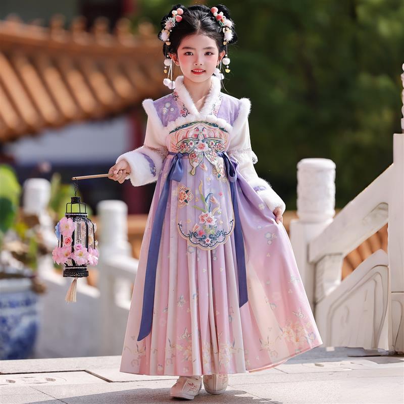 汉服女童连衣裙冬季2025新款小女孩国风加绒超仙新年装拜年服裙子