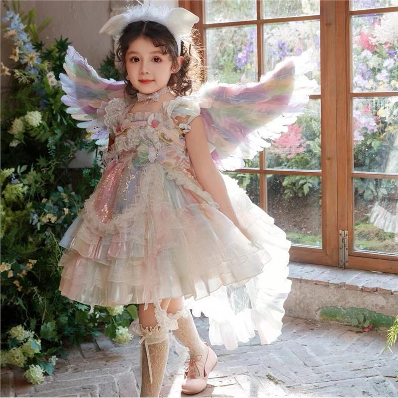 女童洛丽塔公主裙女孩生日礼服连衣裙儿童精灵翅膀七色彩虹连衣裙
