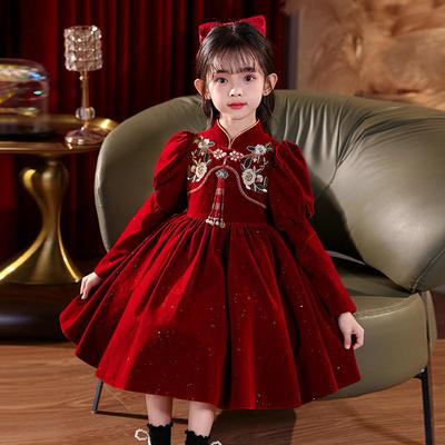 女童汉服连衣裙秋冬裙子2025新款拜年服国风新年红色旗袍加绒冬装