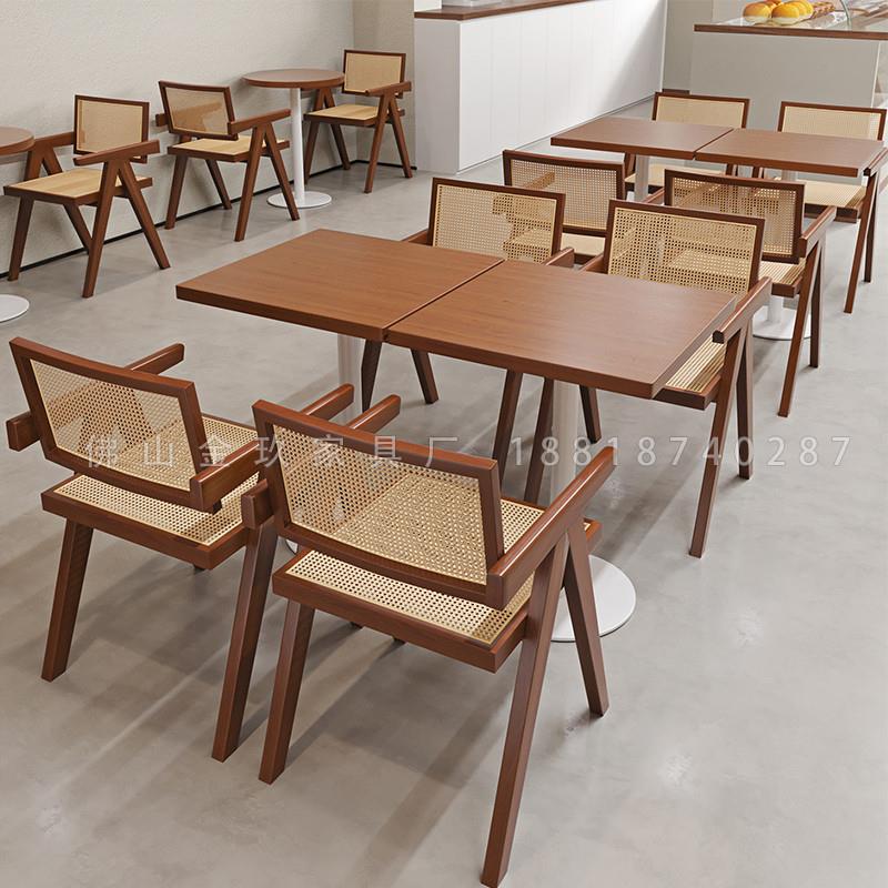 中古风咖啡西餐厅实木皮餐桌商用半圆方形桌子餐饮甜品店桌椅组合