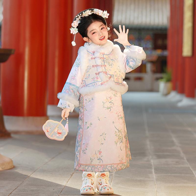 格格服女童汉服儿童古装拜年服秋冬款旗袍加绒加厚清朝宫廷演出服