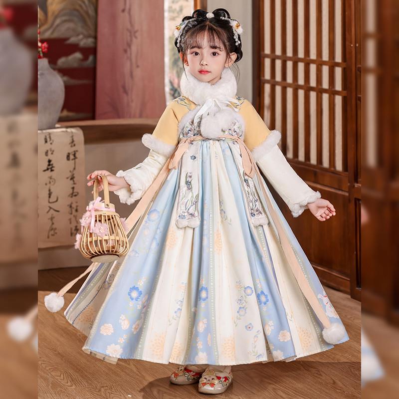 儿童汉服女童加绒加厚连衣裙女孩公主裙唐装古装过年服冬款拜年服