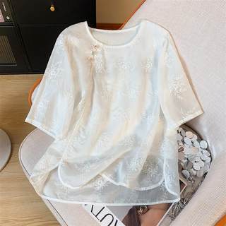 新中式国风刺绣短袖雪纺衬衫女夏季欧货宽松遮肉别致小衫洋气上衣