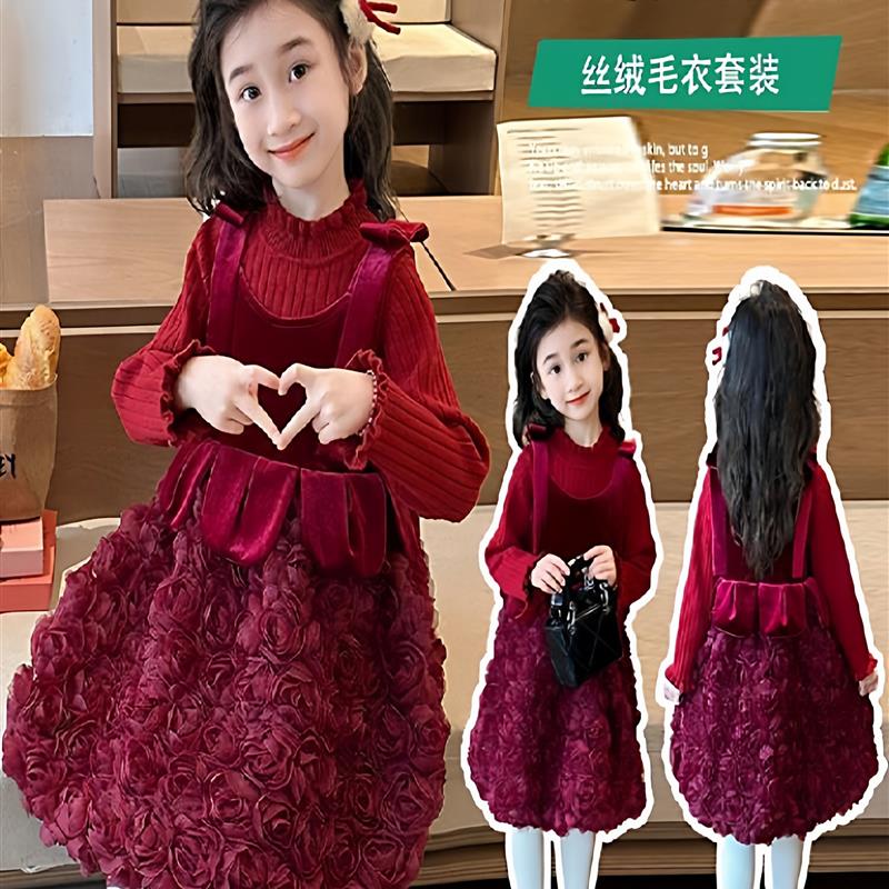 圣诞服饰童装女童圣诞节红色连衣裙秋冬礼服裙儿童重工加绒公主裙