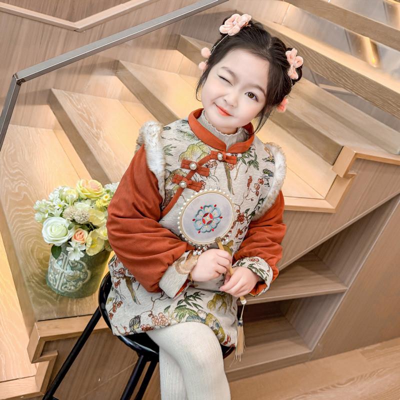 儿童旗袍连衣裙汉服冬季新款女童新中式加绒中国风唐装喜庆拜年服