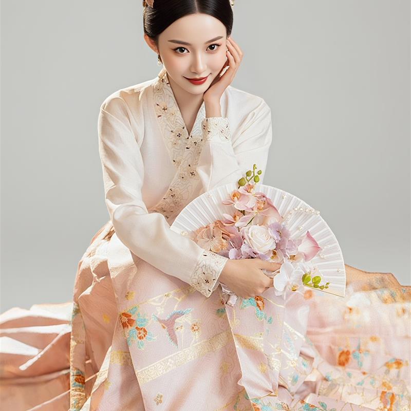 新中式国风改良汉服粉色马面裙套装2025秋款大码胖mm订婚伴娘礼服