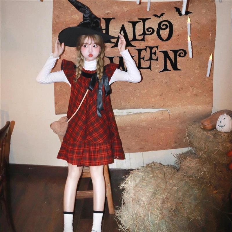 万圣节女装服饰穿搭裙子女巫cos服女生cosplay圣诞格子连衣裙可爱