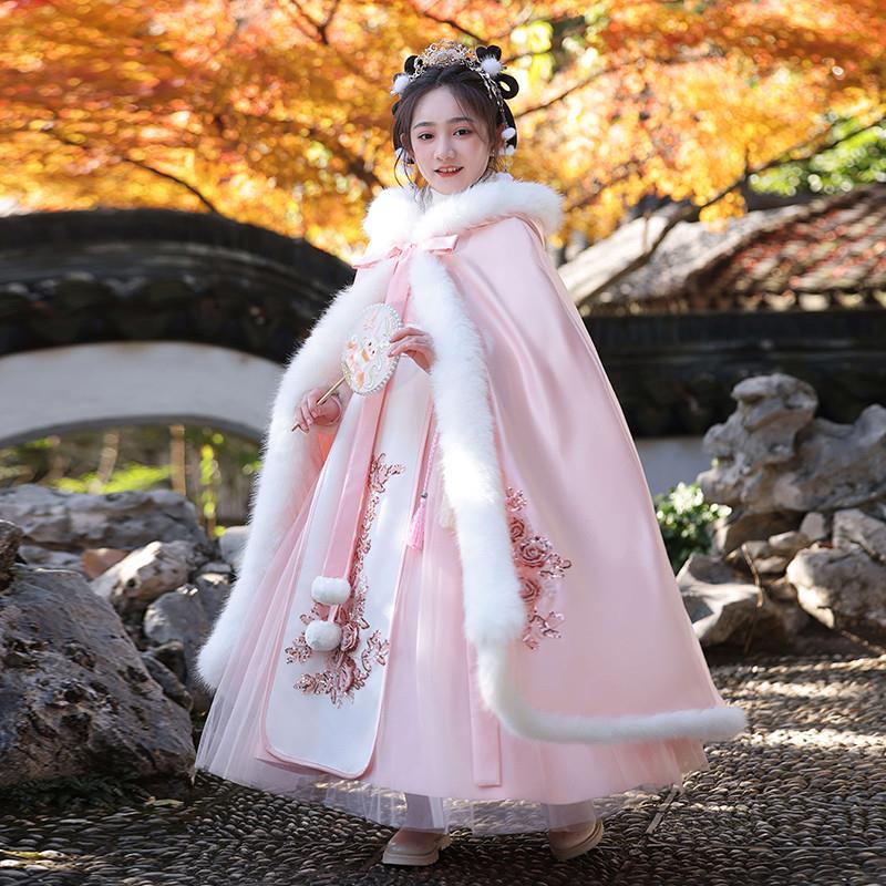 女童汉服粉色超仙古风连衣裙加绒拜年服儿童加厚唐装2025新款冬季