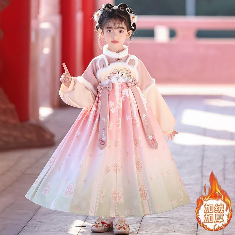儿童汉服女童连衣裙加绒加厚拜年服公主裙女孩冬款襦裙古装演出服