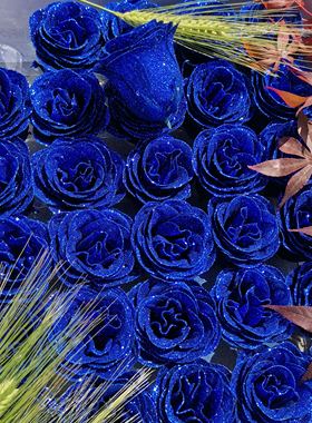 水晶金粉玫瑰花头蓝色妖姬仿真玫瑰花永生花七夕香皂花束包装材料