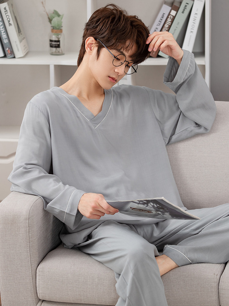 棉绸睡衣空调服长袖薄款V领青年男士人造棉家居服两件套装夏季款