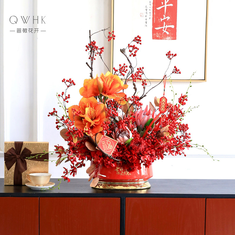 高端高档新年花红色发财冬青果子春节仿真花年宵花福桶摆件装饰花