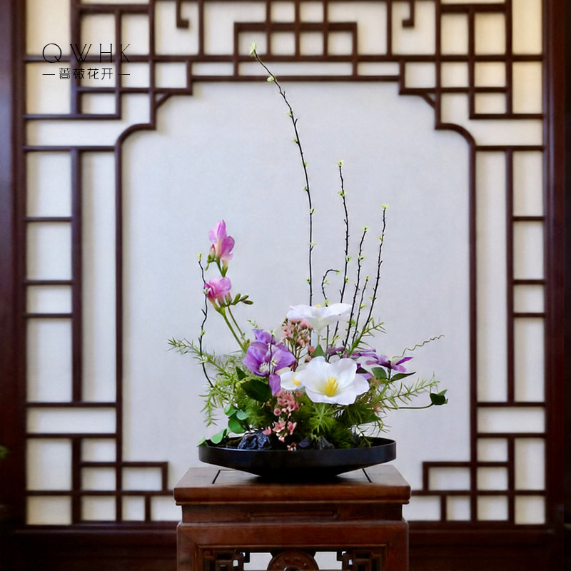 酒店圆桌餐桌花摆花包厢转盘装饰花艺餐厅假花摆件商用软装装饰品
