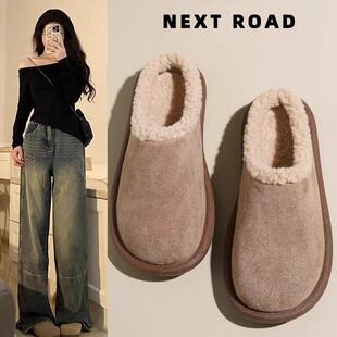 中式秋冬孕妇勃肯棉拖鞋女冬季复古羊羔毛圆头平底博肯包头半拖