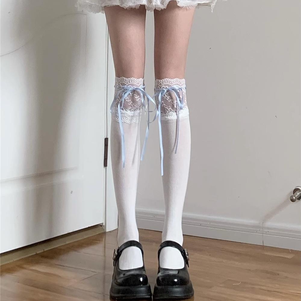 春夏季洛丽塔白色蕾丝花边过膝袜女士小腿袜jk芭蕾风长筒袜子女款
