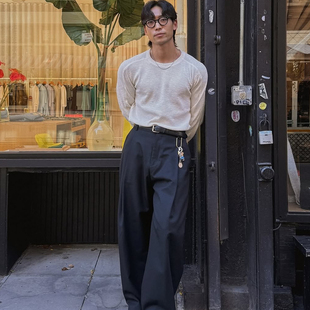 裤 复古中古绅士古着双褶男款 褶皱西装 宽松高腰cleanfit长裤 长裤