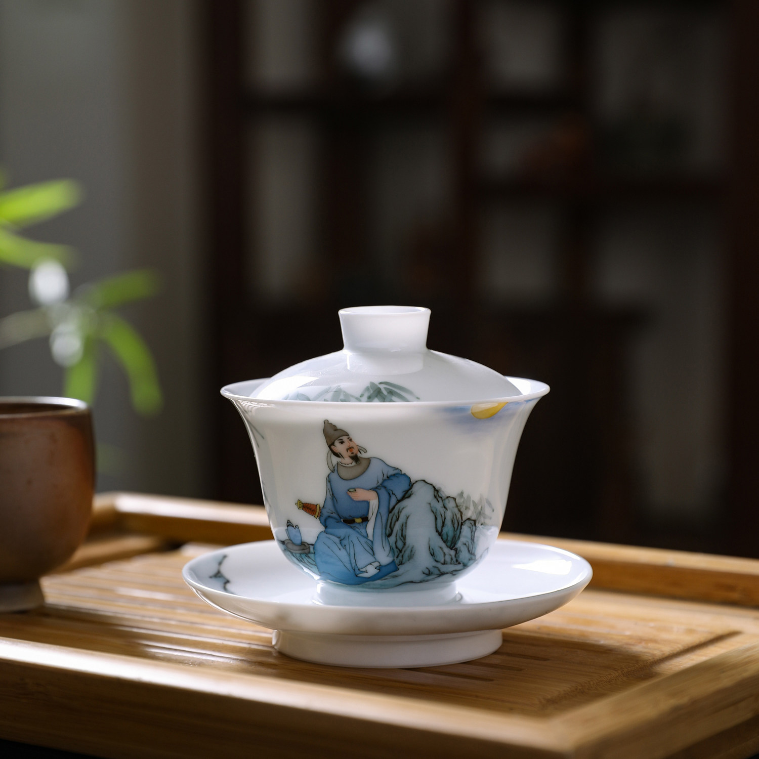 陶瓷手绘三才盖碗釉下彩家用创意功夫茶具高白泥薄胎盖碗李白醉酒