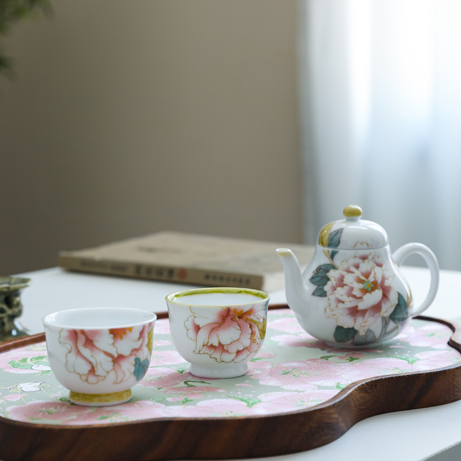 官润窑 釉下彩手工手绘陶瓷泡茶单壶牡丹花品茗杯梨型茶具礼盒装