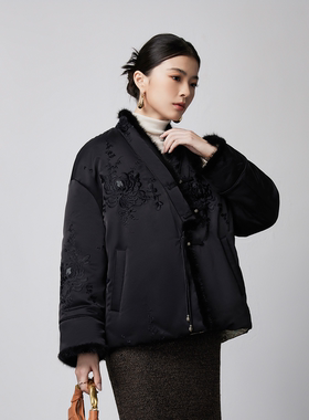 格媞新中式2025国风羽绒服女两面穿水貂毛90白鹅绒鹅绒服短款外套