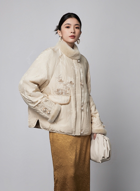 格媞2025新款国风鹅绒服人丝提花中式羽绒服水貂毛领高档洋气外套