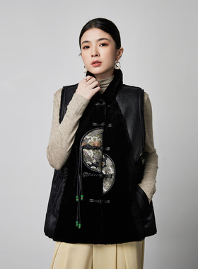 LATTICE TI2025新款新中式国风鹅绒服皮毛一体马甲高端醋酸羽绒服