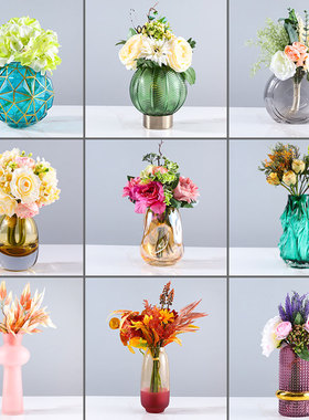 样板房间售楼处洽谈桌面花束蓝粉紫色水养玻璃花瓶花艺仿真花摆设