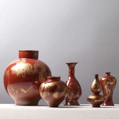 新中式手绘红色描金陶瓷葫芦瓶罐