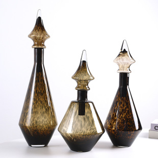 大号复古琉璃琥珀色豹纹玳瑁玻璃花瓶高级感中古水培样板房摆件