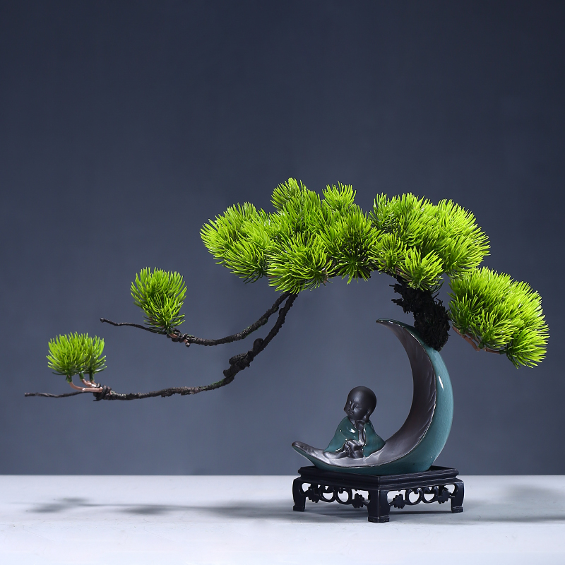 仿真迎客松崖柏盆栽月形陶瓷花盆