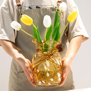 新中式 福袋轻奢金色玻璃异形花瓶插花样板间客厅餐桌面仿真花摆件