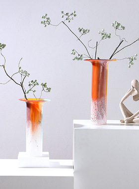 2026新款热卖艺术渐变橙色玻璃蘑菇直筒花瓶客厅玄关餐桌摆件水培